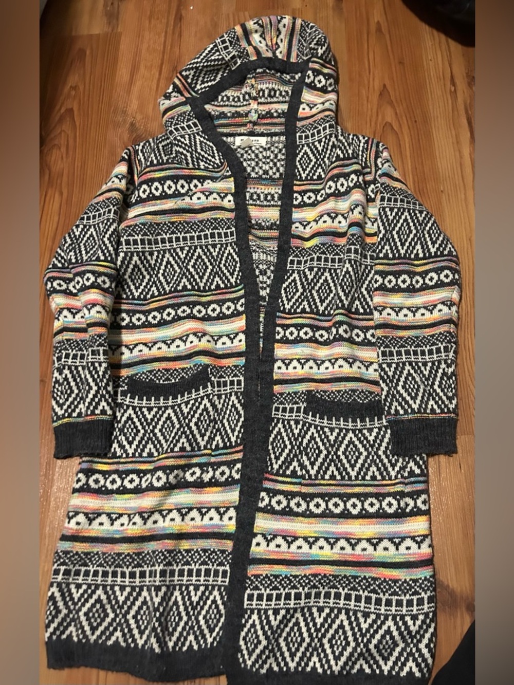 Monteau Black Hooded Knit Coatigan with Multicolor Stripe Pattern